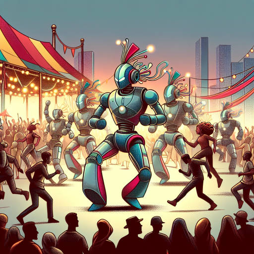 Imagine a vibrant cultural festival where robots come to life as larger-than-life street art installations, dancing and interacting with festival-goers in a dynamic and futuristic display of art and technology. Capture the essence of this unique fusion of traditional cultural celebrations and futuristic robotic creations in a single captivating image.