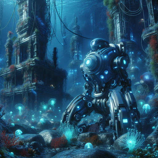 A futuristic robot exploring the hidden underwater wonders of an ancient, submerged city, with bioluminescent sea creatures swirling around it in a mesmerizing display of color and light.