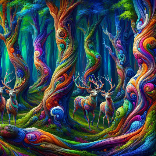 Create an image of a magical forest where vibrant, swirling colors of paint cover the trees and animals, blending seamlessly with the natural beauty of the wildlife that calls this enchanting place home.