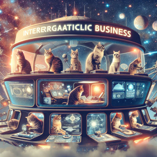 Imagine a futuristic space station run entirely by a crew of intelligent cats, managing intergalactic business transactions while gazing out at the stars through their advanced telescopes. What does this unique blend of business, astronomy, and cats look like in your mind's eye? Create an image that captures this whimsical and innovative concept.