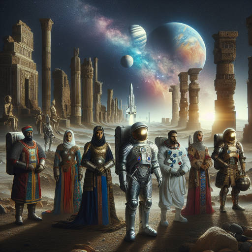 Imagine a historical reenactment set in the year 3021, where astronauts dressed in medieval armor are exploring a distant planet filled with ancient ruins and celestial wonders. Capture the blend of space exploration, astronomy, and the echoes of history in this unique and imaginative image.