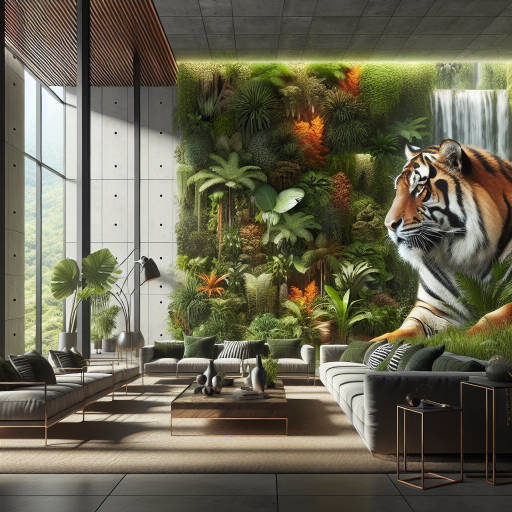 Combine the serene beauty of a lush jungle setting with the untamed spirit of a majestic tiger, all within the luxurious setting of a modern and sleek interior design. Let your imagination run wild as you create a captivating image that seamlessly merges nature, wildlife, and interior design into a harmonious and visually striking masterpiece.