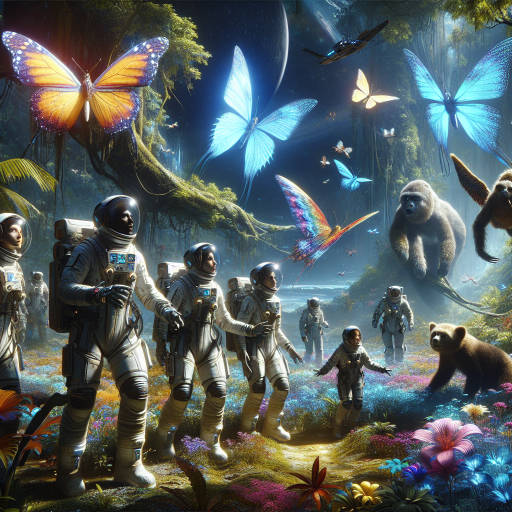 Imagine a surreal scene where a group of astronauts in space suits are exploring a vibrant, otherworldly jungle filled with exotic wildlife. The astronauts are marveling at the sight of giant, rainbow-colored butterflies fluttering around alien plants, while a family of cosmic sloths lounges in the trees above. The atmosphere is a mix of wonder and excitement as the astronauts document this incredible encounter with nature on a distant planet.