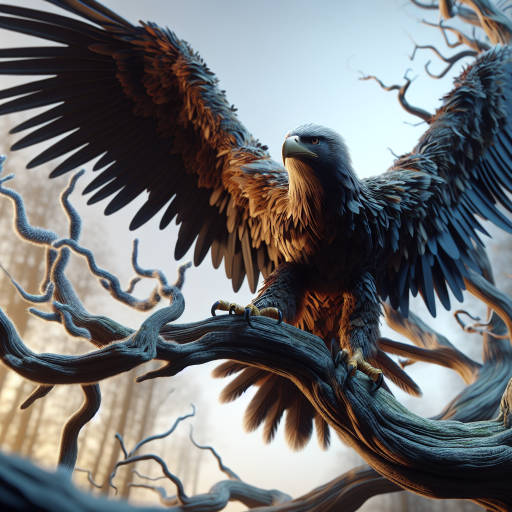 Capture an up-close and detailed image of a majestic eagle perched on a branch, showcasing its intricate feathers and piercing eyes, symbolizing the heroic strength and beauty of wildlife in its natural habitat.