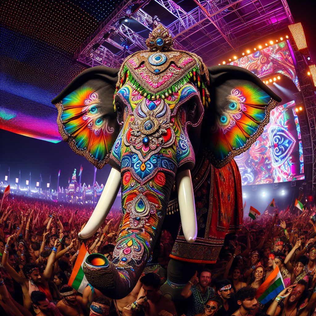 Create an image of a majestic elephant decked out in vibrant, traditional Indian attire, participating in a colorful and lively techno music festival.