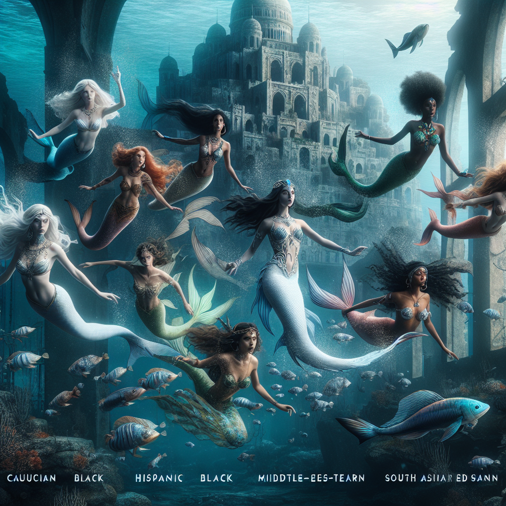 Create an image of a mystical underwater world where heroic mermaids use their artful abilities to protect an ancient sunken city from danger.