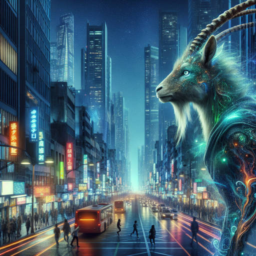 Create an image of a portrait of a mystical creature roaming the bustling streets of a futuristic city, with exotic animals blending seamlessly into the urban landscape.