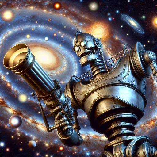 Create an epic scene where a colossal robot is exploring the far reaches of space, surrounded by swirling galaxies and shining stars, all while wielding a massive telescope to uncover the mysteries of the universe.