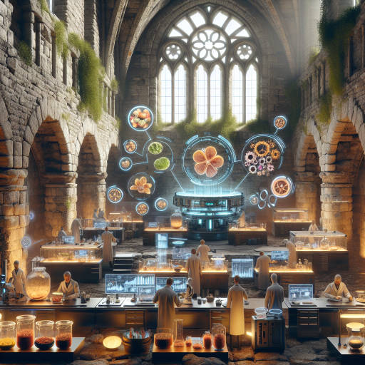 Create an image of a futuristic food laboratory in an old, abandoned castle where scientists are experimenting with innovative ways to grow and prepare ancient, exotic fruits and vegetables.