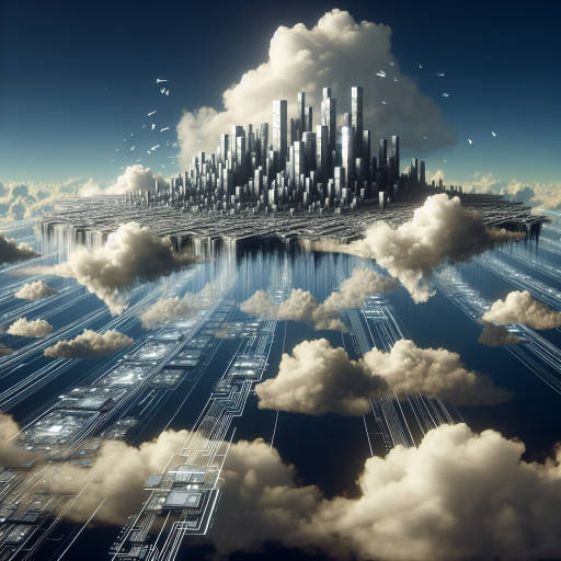 Create an image of a futuristic cityscape floating in the sky, with buildings made of giant computer chips and wires intertwining through the clouds, creating a surreal and mesmerizing scene of a technological utopia.