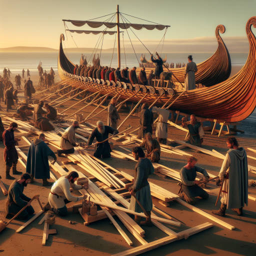 Create an image of a group of people dressed in historically accurate Viking costumes, using modern technology and technics to build a traditional longship on a beach at sunset.