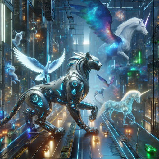 Create an image of a futuristic cityscape where giant robotic cats roam the streets, alongside mythical creatures such as dragons and unicorns, all under the watchful eye of a towering mechanical deity inspired by ancient mythology.