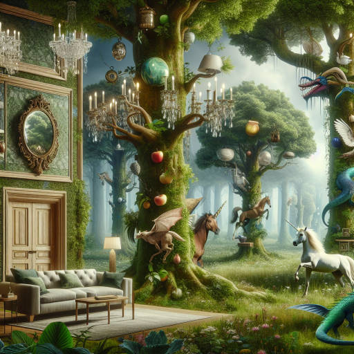 Nature meets interior design in a fantasy world inspired by mythology - create an image of a lush, enchanted forest where the trees grow furniture instead of leaves, and mythical creatures like unicorns and dragons roam freely among the luxurious decor.