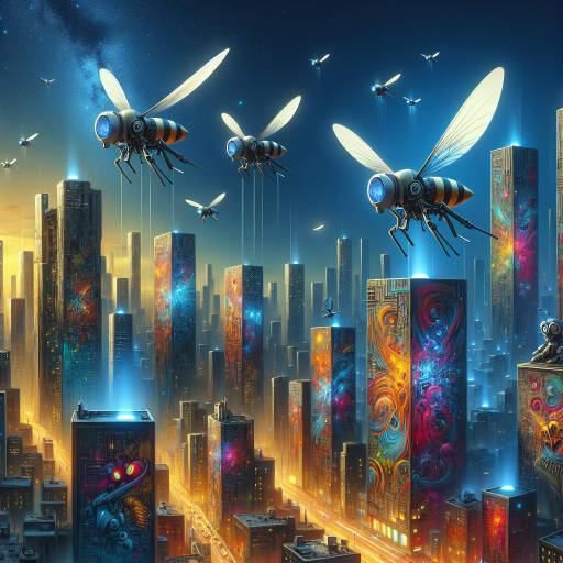 Imagine a futuristic cityscape filled with towering skyscrapers and neon lights, where drones buzz overhead like mechanical bees, while surreal creatures and objects float in the sky in a dreamlike fashion. Incorporate elements of street art, such as vibrant graffiti and bold murals, blending the boundaries between urban chaos and otherworldly beauty. Capture this strange and mesmerizing scene in a visually stunning image that blurs the lines between reality and imagination.