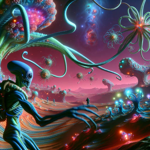 Create an image of a fantastical alien creature exploring a surreal landscape on a distant planet, surrounded by a variety of exotic and colorful wildlife species.