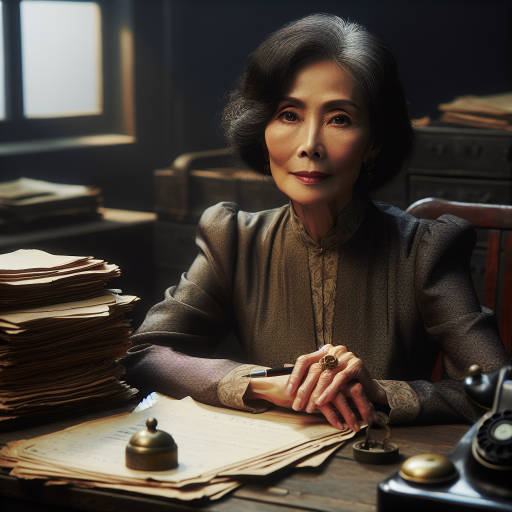 Imagine a portrait of an elderly businesswoman, sitting at a vintage desk in a dimly lit office, surrounded by stacks of old business documents and antique office supplies. She exudes wisdom and experience, with a hint of mystery in her gaze.