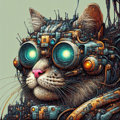 Create an image of an elderly cat sitting in a rusty, futuristic robot suit, complete with glowing eyes and intricate mechanical details, as it surveys a post-apocalyptic world overrun by robotic creatures.