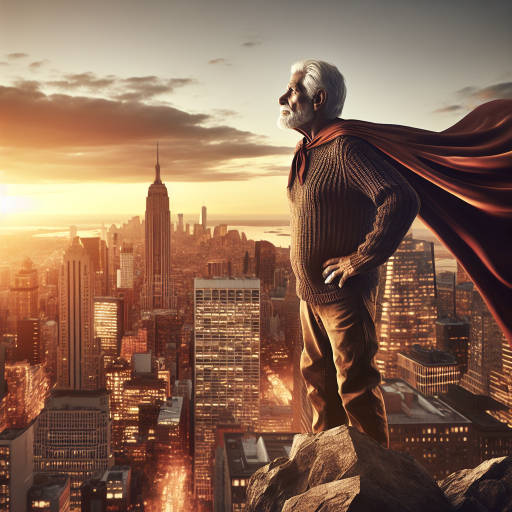 Imagine an old, weathered hero standing proudly atop a towering cityscape, gazing out over the bustling metropolis below as the sun sets in the distance, casting a golden glow over the buildings and streets. The hero's cape billows in the wind, symbolizing years of wisdom and courage as they protect the city from any danger that may come its way. Create an image that captures the essence of strength, resilience, and timeless heroism in the heart of the urban landscape.