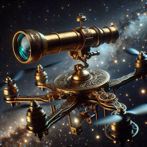 Capture an antique telescope mounted on a retro-style drone flying among the stars, blending the old world charm of astronomy with the modern technology of drone photography.