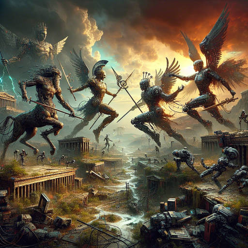 Create an epic piece of art that combines elements of ancient mythology with futuristic technology, depicting a battle between gods and robots in a post-apocalyptic landscape.