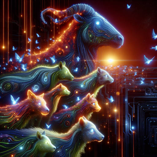 Imagine a futuristic world where animals have evolved to have the ability to emit infrared light from their bodies as a form of communication. Create an image of a group of technologically advanced animals using their infrared abilities to send messages to each other, creating a stunning display of vibrant colors and patterns against a dark, futuristic backdrop.