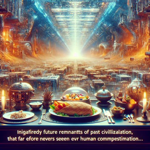 Imagine a futuristic world where ancient ruins of a civilization have been discovered, filled with advanced technology far beyond our understanding. Amongst the relics, there is a perfectly preserved feast of exotic foods that have never been seen before. Create an image that depicts this strange and intriguing mix of old, technology, and food in this mysterious setting.