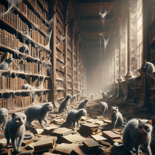 Imagine a dusty, abandoned library filled with ancient tomes and cobwebs, where a group of wise old cats roam freely, their fur matted and grey with age, their eyes glinting with centuries of knowledge and wisdom.