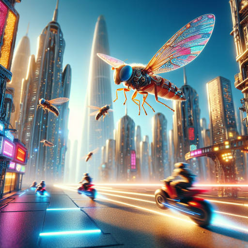 Imagine a futuristic and fantastical world where tiny insects navigate through a bustling city on miniature hover bikes, their intricate wings shimmering in the sunlight as they zoom past towering skyscrapers and neon signs. Capture the scene in stunning macro photography, focusing on the intricate details of the insects and their high-tech transportation as they embark on an epic journey through this miniature metropolis.