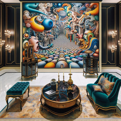 Create an epic masterpiece of interior design featuring a surrealist painting as the focal point, transporting viewers to a whimsical world filled with vibrant colors, intricate patterns, and unexpected elements that defy the laws of gravity.