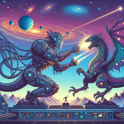 In a futuristic world where advanced technology merges with ancient mythology, create an image of a colossal robot made entirely of celestial stardust battling a mythical dragon with glowing circuits and a metallic scale armor. The epic clash shakes the very foundations of the cosmos, as galaxies swirl in the background and planets tremble at the sight of their otherworldly duel.