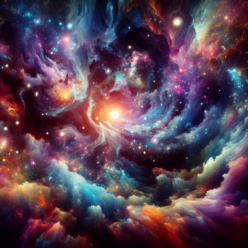 Create an epic piece of art depicting a fantastical sky filled with swirling galaxies and cosmic beings, blending colors and shapes in a mesmerizing display of creativity and wonder.