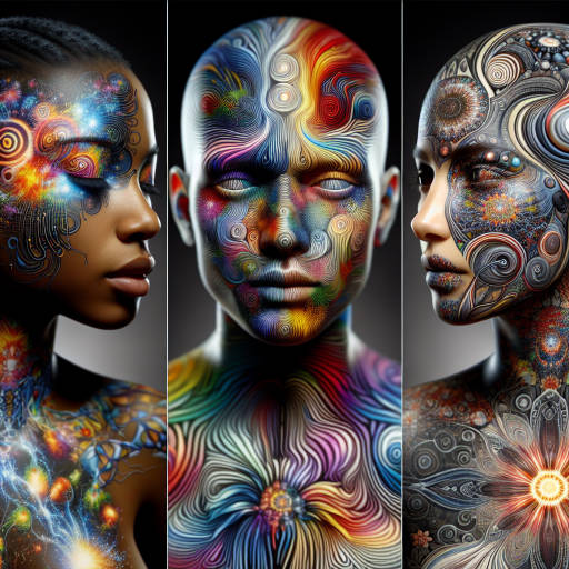 Imagine a futuristic world where people's thoughts and emotions are manifested as vibrant, intricate paintings on their skin, creating an ever-changing living art piece. Explore the beauty and complexity of human expression through these unique and mesmerizing works of art.