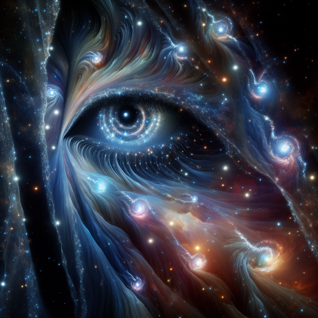 Create an epic portrait of a mythical cosmic being, with swirling galaxies as their eyes and a cloak made of constellations trailing behind them in the vast expanse of space.