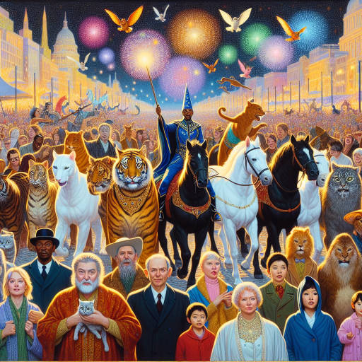 Imagine a whimsical scene where a group of cats wearing elaborate costumes are riding on the backs of various animals through a bustling city street. Amongst the crowd of people watching in awe, a person dressed as a wizard is casting spells to create colorful fireworks in the sky above. Capture this magical moment in a vibrant and playful illustration.