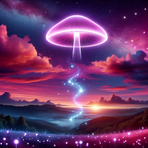 Create an image of a glowing, bioluminescent mushroom floating through a vibrant pink and purple sky, surrounded by tiny, sparkling stars. The mushroom emits a soft, pulsating light that illuminates the surrounding area, creating an otherworldly and surreal scene.