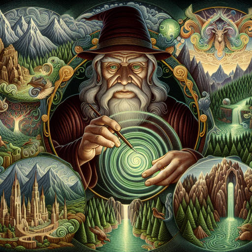 Create an image of a wise wizard conjuring a mind-bending optical illusion that transports viewers into an epic journey through a fantastical realm filled with mystical creatures and enchanted landscapes.