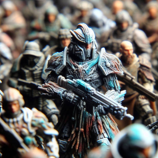 Imagine a historical reenactment of a futuristic battle, captured through the lens of macro photography. Focus on the intricate details of the miniature soldiers and their abstract, otherworldly armor, creating a visually stunning and surreal image that blurs the lines between past and future.