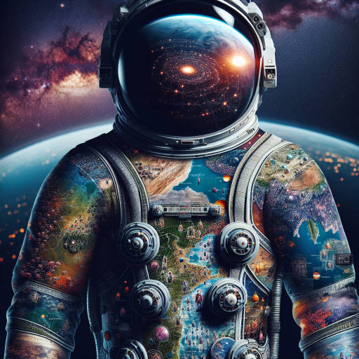 Imagine a heroic astronaut exploring the vast unknown depths of space, their suit covered in intricate macro photographs of tiny alien worlds and cosmic wonders.