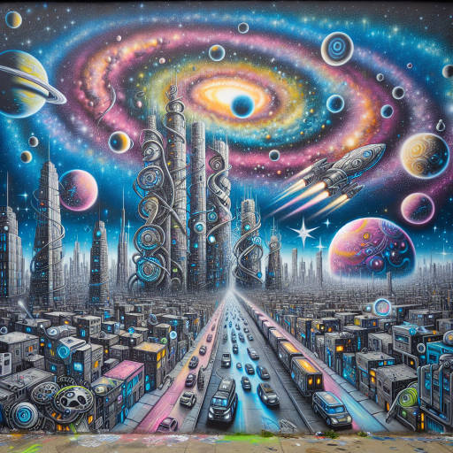 Imagine a vibrant street mural depicting a futuristic cityscape filled with towering skyscrapers and sleek space shuttles launching into the cosmos. Brightly colored planets and swirling galaxies adorn the night sky above, with alien creatures and advanced technology scattered throughout the scene. This unique blend of street art, science, and space exploration captures the boundless possibilities of the universe and inspires wonder and curiosity in all who view it.