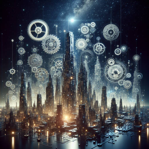 Imagine a futuristic cityscape made entirely of intricate gears and mechanical parts, where abstract shapes and patterns created by advanced technology dance in the night sky.