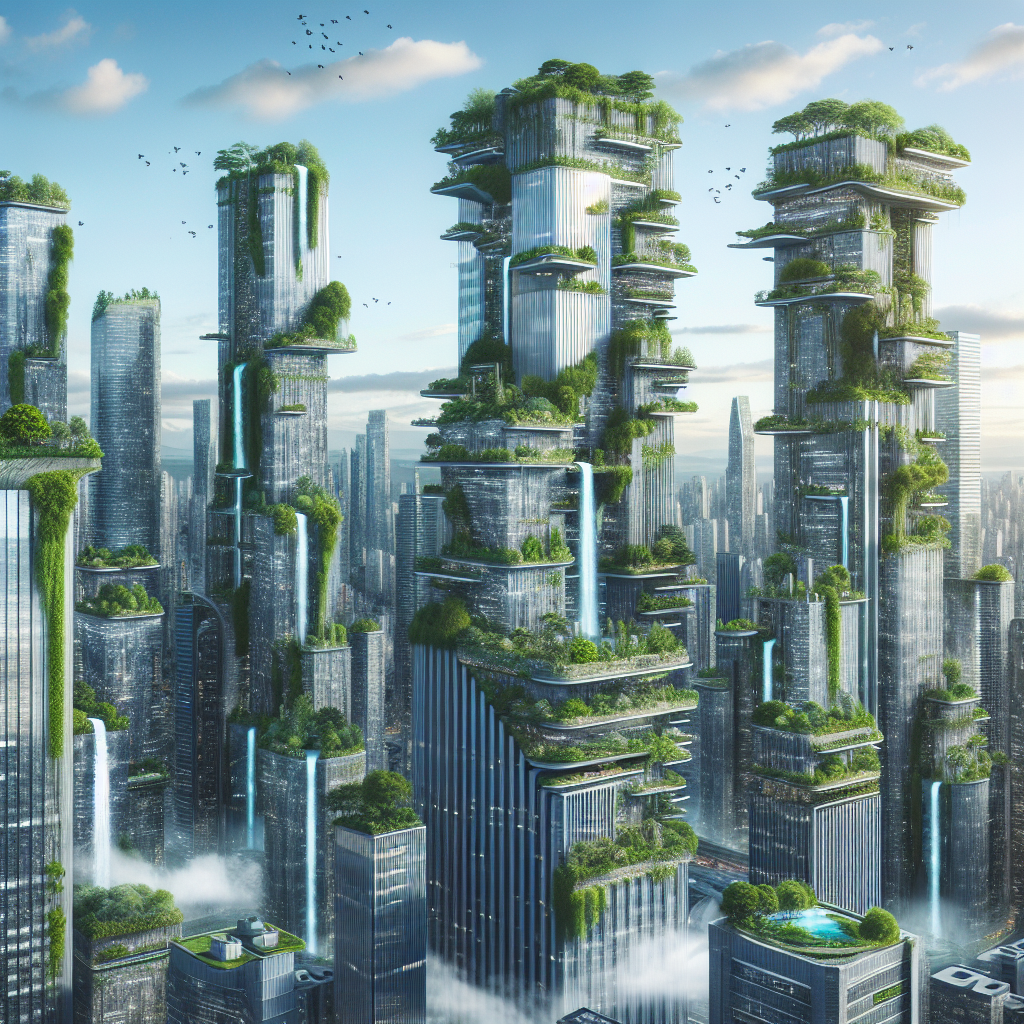 City meets nature in a futuristic metropolis where skyscrapers are covered in lush greenery and cascading waterfalls flow from rooftop gardens, blending the urban landscape with the beauty of the natural world. Show us a striking image of this harmonious fusion of man-made structures and organic elements.