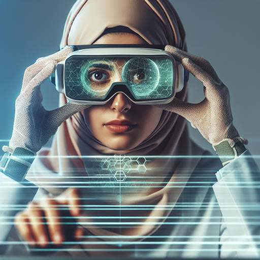 Create an image of a futuristic scientist wearing virtual reality goggles while working on an advanced holographic computer, with a portrait-style close-up capturing the intensity and focus in their eyes as they make groundbreaking discoveries in the world of science and technology.