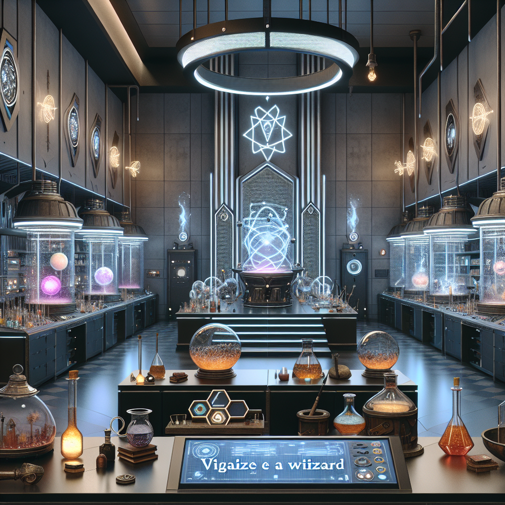 Imagine a wizard's laboratory filled with futuristic technology and sleek, modern interior design. What fantastical experiments and inventions might be brewing in this magical space? Create an image that blends the worlds of science, technology, and wizardry in a visually stunning and imaginative way.