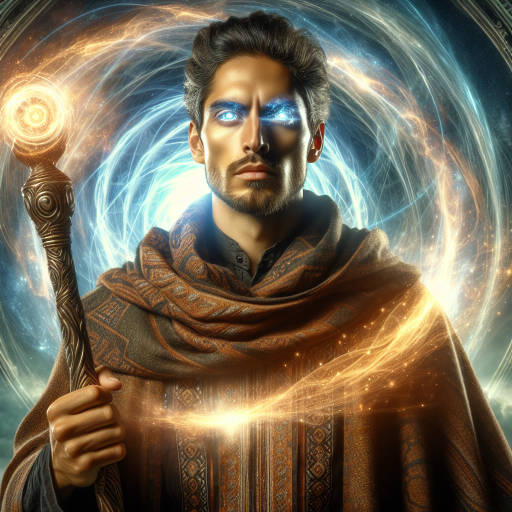 Create an image of a heroic wizard standing proudly in front of a swirling portal, their eyes glowing with power as they prepare to embark on a quest to save a magical kingdom.