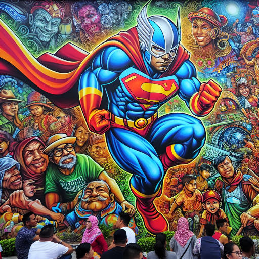 Imagine a brave superhero participating in a vibrant cultural festival, surrounded by stunning and colorful street art that tells the story of their heroic adventures.