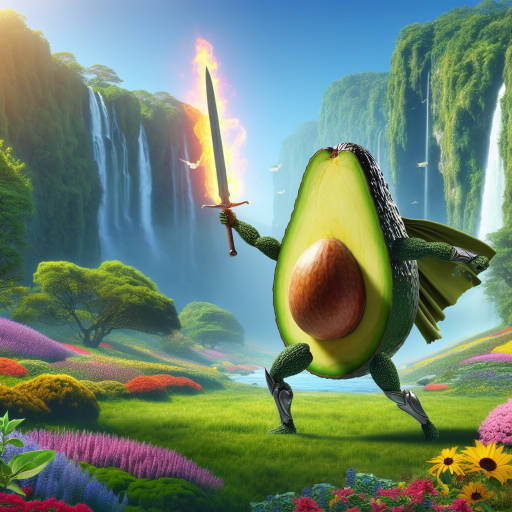 Nature's bounty: A heroic avocado warrior protecting the enchanted forest from evil forces with its sharp pit sword, surrounded by a lush green landscape and colorful flora blooming in its wake.