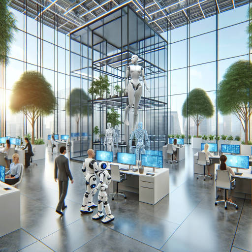 Create an image of a futuristic office space where employees work alongside humanoid robots, blending sleek modern design with elements of nature. The scene should capture a diverse group of people collaborating in this innovative and cutting-edge environment.