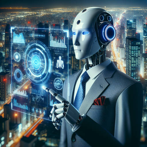 Imagine a futuristic robot serving as a business consultant, wearing a sleek suit and tie while analyzing data on a holographic screen with advanced technology in a bustling cityscape.