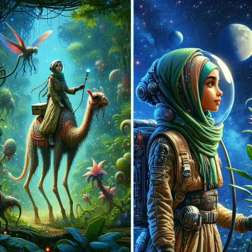 Create an image of a whimsical space explorer wandering through a lush wildlife sanctuary, encountering exotic creatures and plants never before seen on Earth, with a majestic portrait of the explorer gazing up in wonder at the stars above.