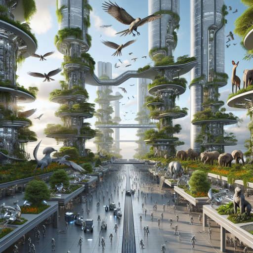 In a futuristic city where advanced technology and wildlife coexist harmoniously, imagine a scene where robotic birds fly overhead, carrying messages between skyscrapers lined with lush green gardens teeming with exotic animals. The streets below are bustling with both humans and robots, all working together to create a sustainable and vibrant urban ecosystem.